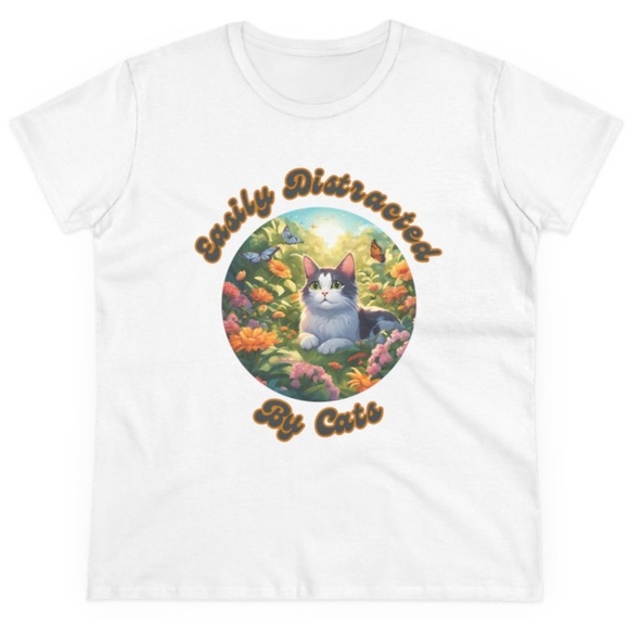 New Easily Distracted By Cats White T-Shirt Cat Mom Lady Tee Top Funny Retro XL - Picture 1 of 5